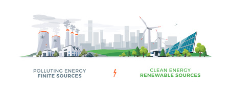 Vector illustration showing clean and polluting electricity generation production. Polluting fossil thermal coal and nuclear power plants versus clean solar panels and wind turbines renewable energy.のイラスト素材