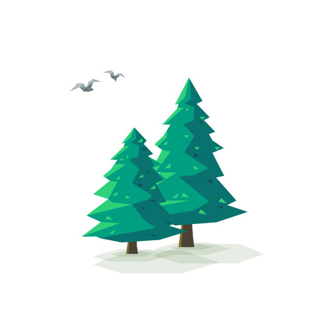 Vector illustration of stylized low poly triangular green conifer trees isolated on white background. Little birds flying around.のイラスト素材