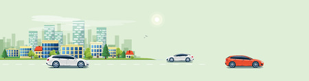 Flat vector cartoon style illustration of urban landscape road with cars, skyline city office buildings in small town isolated on green background.のイラスト素材