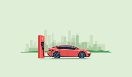 Flat vector illustration of a red electric car charging at the charger station on the street with green city skyline in the background.のイラスト素材