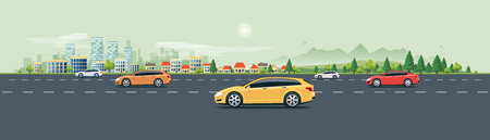 Flat vector cartoon style illustration of urban landscape street with cars, skyline city office buildings, family houses in small town and mountain with green trees in backround. Traffic on the road.のイラスト素材