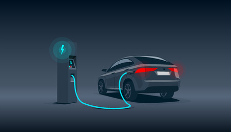 Vector illustration of a luxury black electric car suv charging at the charger station during night time low demand off peak electricity. Electromobility eco future transportation e-motion concept.のイラスト素材