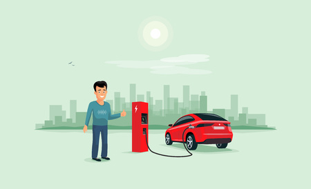 Cartoon vector illustration of red electric car suv charging at charger station and smiling person. Young man with smile likes his new battery autonomous sharing vehicle. City skyline in background.のイラスト素材