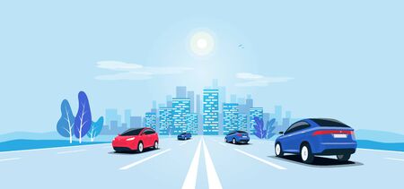 Traffic on the highway panoramic perspective horizon vanishing point view. Flat vector cartoon style illustration urban landscape motorway with cars, skyline city buildings and road going to the city.のイラスト素材