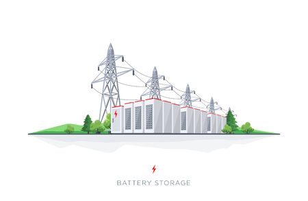 Large rechargeable battery energy storage from renewable electric power generation. Backup system with high voltage electricity power transmission on white background.のイラスト素材