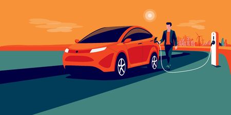 Electric car charging on city skyline landscape, renewable power generation solar panel, wind turbine. Vector illustration of man hand holding charger station plug cable plugged in battery EV vehicle.のイラスト素材