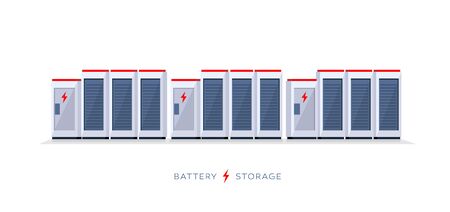 Vector illustration of large rechargeable lithium-ion battery energy storage stationary for renewable electric power station generation. Backup power energy storage cloud system on white background.のイラスト素材