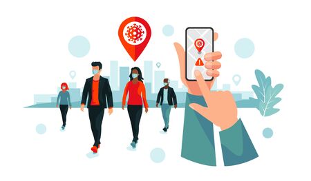 Smartphone health virus tracking location app with people wearing protection face mask to prevent coronavirus, disease, flu, air pollution. Old man young woman person walking. City illustration.のイラスト素材