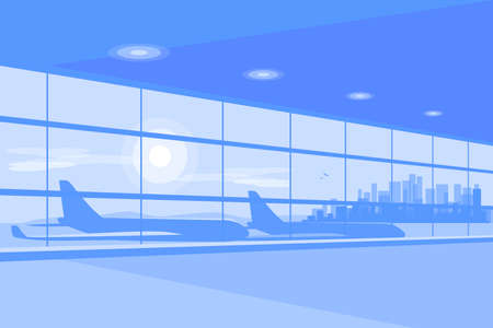 Empty airport terminal gate waiting hall in perspective view. Modern departure interior with big window, airplanes, city skyline in background. Blue mood concept vector graphic element illustration.のイラスト素材