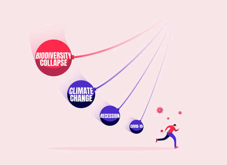 Man running in front of falling crisis balls. Covid, financial recession, climate change,...