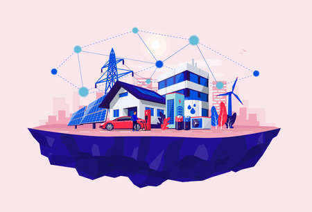 Smart renewable energy power grid system. Off-grid household city battery storage sustainable island...
