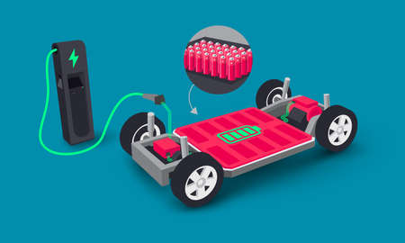 Modern electric car modular platform board charging battery pack rechargeable cells inside. Electric skateboard module chassis components, motor powertrain, controller. Isolated vector illustrationのイラスト素材