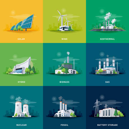 Electricity generation source types. Energy mix solar, water, fossil, wind, nuclear, coal, gas,...