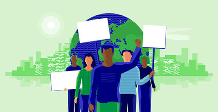 Illustration of environmental activists against climate change. Group of people protesters standing...