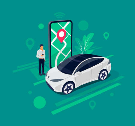 Vector illustration of autonomous online car sharing service controlled via smartphone app. Modern...