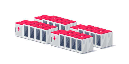 Vector illustration of rechargeable lithium-ion battery energy storage stationary for renewable electric power stations. Backup power energy storage cloud server system isolated on white background.のイラスト素材