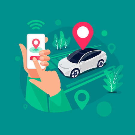 Vector illustration of autonomous online car sharing service controlled via smartphone app. Hands holding phone with location mark and smart car. Isolated connected vehicle remote parking.のイラスト素材