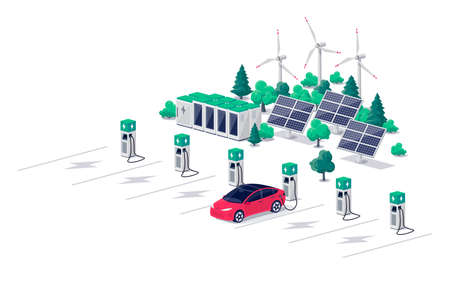 Electric car charging on parking lot with fast supercharger station and many charger stalls. Vehicle...