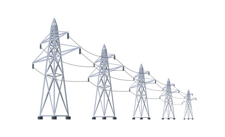 High voltage electricity distribution grid pylons. Flat vector illustration of utility electric transmission network providing energy supply. Electrical power lines isolated on white background.のイラスト素材