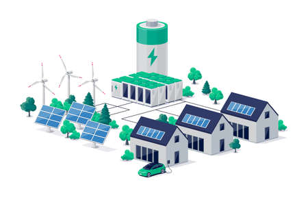 Smart grid virtual battery energy storage network with urban residence house buildings, solar panel...