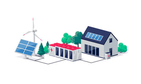 Smart grid virtual battery energy storage network with urban residence house building, solar panel plant, wind and li-ion electricity backup. Renewable sustainable power supply off-grid system.のイラスト素材