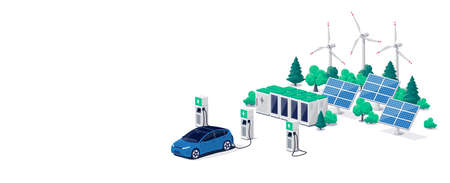 Electric car charging on parking lot with fast supercharger station and many charger stalls. Vehicle...