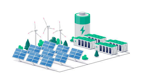 Smart future renewable green power plant with electric solar panel wind and li-ion electricity grid. Clean sustainable battery energy storage industry. Isolated vector illustration on white backgroundのイラスト素材