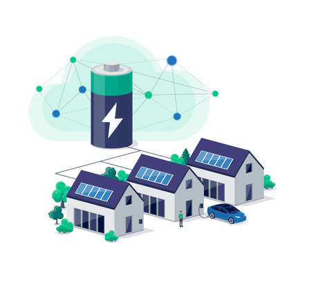 Home virtual power plant battery energy storage with house photovoltaic solar panels on roof and rechargeable li-ion electricity backup. Electric car charging on renewable smart island off-grid systemのイラスト素材