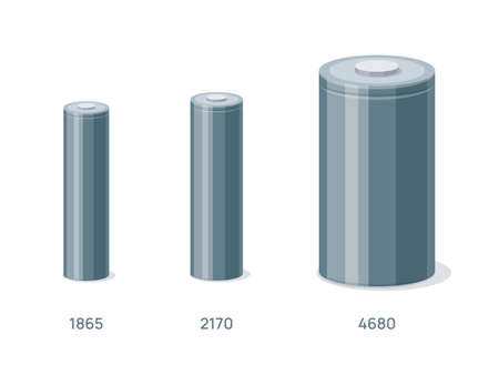 Cylinder battery cell compare 1865, 2170, 4680 type tabless cells. Rechargeable lithium li-ion alkaline accumulator cylinders components. Isolated isometric vector illustration on white background.のイラスト素材