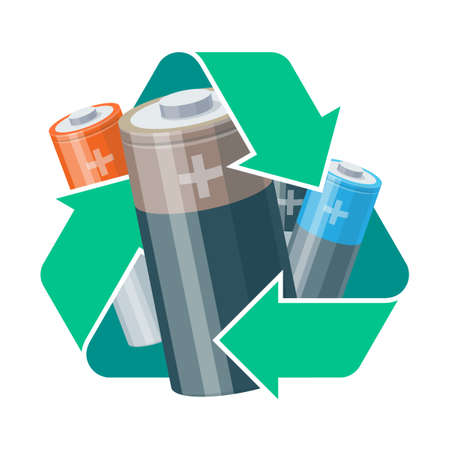 Used battery cylinder cells accumulator with green recycling symbol in 3d isometric cartoon style. Isolated vector illustration on white. Waste Electrical and Electronic Equipment - WEEE concept.のイラスト素材