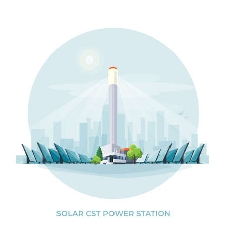 Concentrating solar thermal CST power plant station. Renewable concentrated CSP sustainable solar park energy generation with sun and city skyline. Isolated vector illustration on white background.のイラスト素材