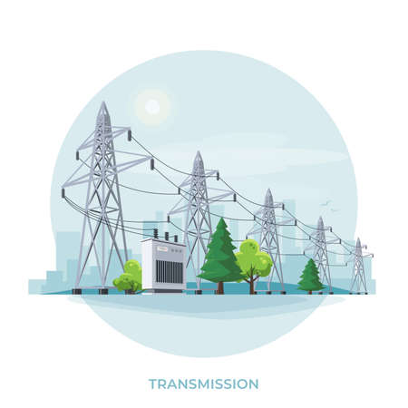 High voltage electricity distribution grid pylons. Flat vector illustration of utility electric transmission transformer network providing energy supply. Electrical power lines in circle background.のイラスト素材