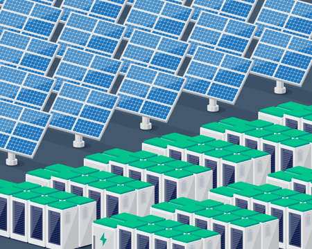 Renewable solar photovoltaic power plant generation station with electric solar panels cells for electricity grid with battery storage. Clean sustainable future energy. Concept vector illustration.のイラスト素材