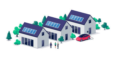 Renewable sustainable village buildings with photovoltaic solar panels roof power energy. Electric car charging in front of home from wallbox. Family houses on urban city street. Isolated vector.のイラスト素材