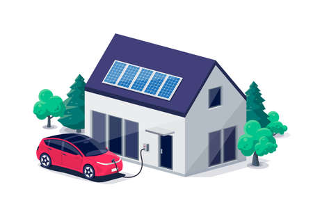 Electric car parking charging at home wall box charger station on residence family house. Energy storage with photovoltaic solar panels on building roof. Renewable smart power electricity backup grid.のイラスト素材