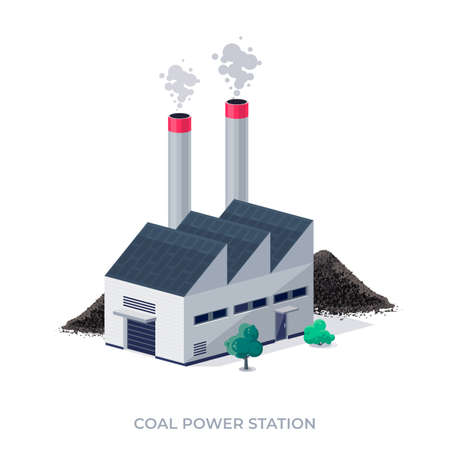 Coal-fired power plant station. Thermal factory that burns coal to generate electricity and produce emissions. Dirty fossil fuel combustion facility. Isolated vector illustration on white background.のイラスト素材