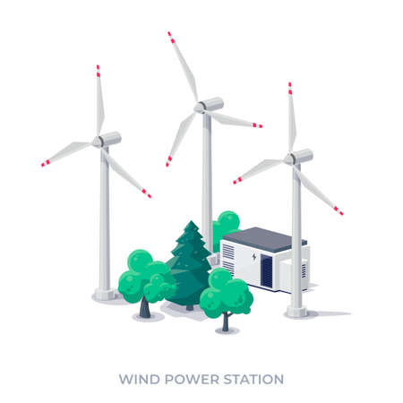 Wind turbines power plant station building factory icon. Renewable sustainable wind park energy generation. Isolated vector illustration of windmill farm on white background.のイラスト素材