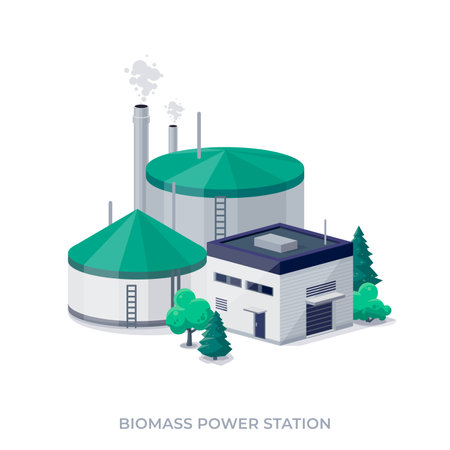 Biomass power plant station. Biofuel factory energy generation producing electricity or heat. Grown organic material energy generator. Isolated vector illustration on white background.のイラスト素材
