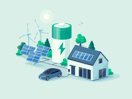 Home virtual battery energy storage with house photovoltaic solar panels plant, wind and rechargeable li-ion electricity backup. Electric car charging on renewable smart power island off-grid system.のイラスト素材