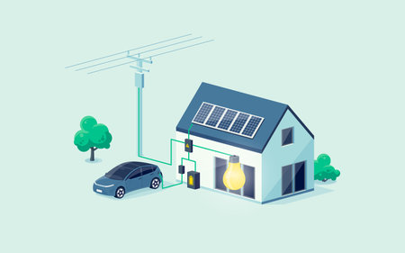 Home electricity scheme with battery energy storage system on modern house photovoltaic solar panels and rechargeable li-ion backup. Electric car charging on renewable smart power off-grid system.のイラスト素材
