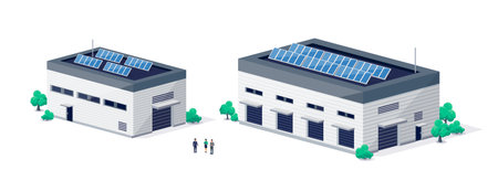 Warehouse logistic hall centre with doors for semi truck loading. Company business cargo transport delivery buildings. Renewable solar electricity energy on factory roof. Retail shipping distribution.のイラスト素材