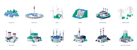 Isolated electricity generation source types. Energy mix solar, water, fossil, wind, nuclear, coal, gas, biomass, geothermal and battery storage. Renewable pollution power line plant station resourcesのイラスト素材