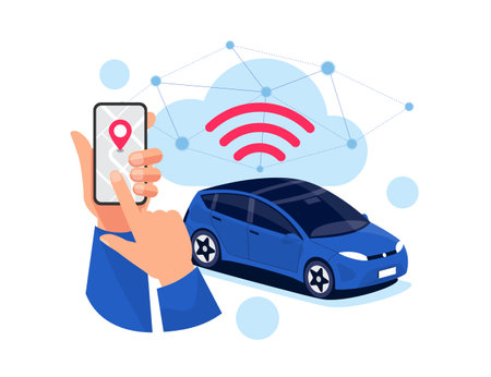 Vector illustration of autonomous online car sharing service controlled via smartphone app. Phone location mark and modern automobile. Isolated connected vehicle remote data cloud monitoring parking.のイラスト素材