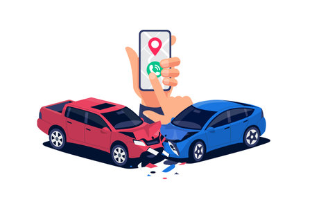 Car crash with urgent phone call. Smartphone in hand calling police help, insurance company. Two damaged vehicles in traffic accident collision on road, crossroad, street. Head-on hit. Isolated vectorのイラスト素材