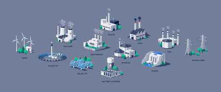 Electric energy power station plants. Sustainable generations. Mix of solar, water, fossil, wind, nuclear, coal, gas, biomass, geothermal, battery storage and grid lines. Renewable pollution resourcesのイラスト素材