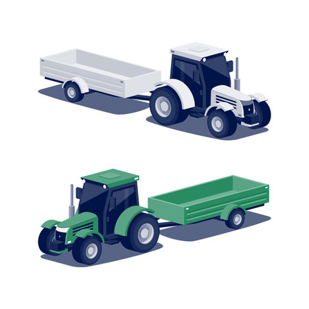 Isolated farming tractor with harvest trailer as agricultural equipment set. White and green tractor on white background. Isometric style vector illustration. Agriculture machinery for farm fieldwork.のイラスト素材