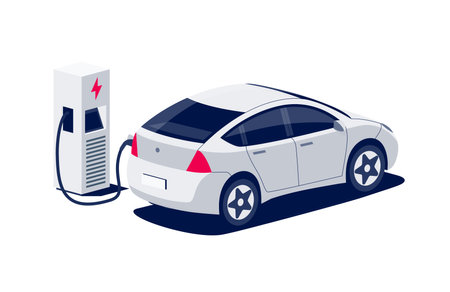 Modern electric crossover car charging at fast charger ev station with a plug in cable. Electrified battery vehicle transportation. Isolated flat vector illustration on white background. Rear view.のイラスト素材