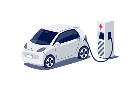 Modern electric small city micro car charging parking at fast charger ev station with a plug in cable. Electrified battery vehicle transportation. Isolated flat vector illustration on white backgroundのイラスト素材