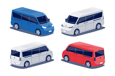 Modern passenger van car. Minivan middle size cargo minibus vehicle. Small corporate commercial person transport. Isolated vector red blue object icon on white background in isometric dimetric style.のイラスト素材