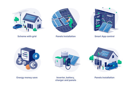 Solar panels money savings installation on family house with grid and car charging. Home renewable energy battery storage with smartphone app control and electric power meter. Vector illustration set.のイラスト素材